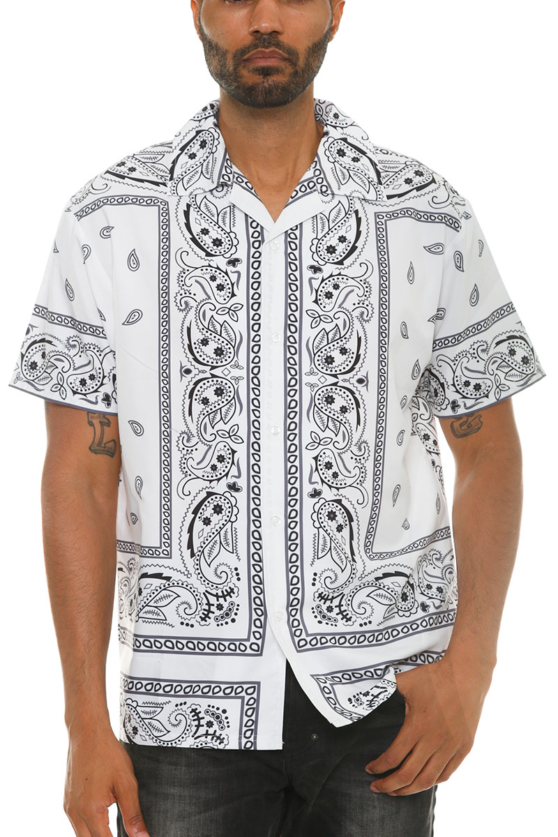 Men's paisley print button-down shirt featuring short sleeves and a classic collar, made from 100% polyester.