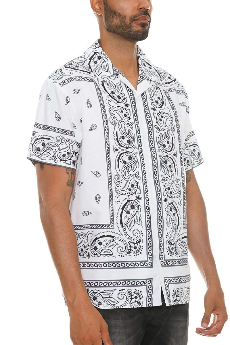 Men's paisley print button-down shirt featuring short sleeves and a classic collar, made from 100% polyester.