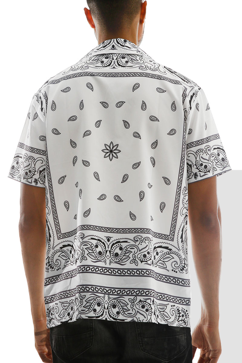 Men's paisley print button-down shirt featuring short sleeves and a classic collar, made from 100% polyester.