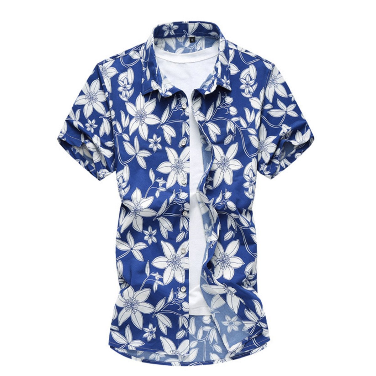 Men's short sleeve floral shirt in blue with vibrant floral patterns, made from a comfortable cotton blend fabric, perfect for summer wear.