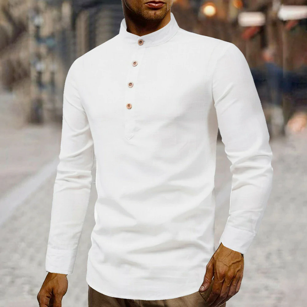 Men's Stand Collar Linen Shirt in various colors, showcasing a relaxed fit and half button-up design, perfect for casual outings.