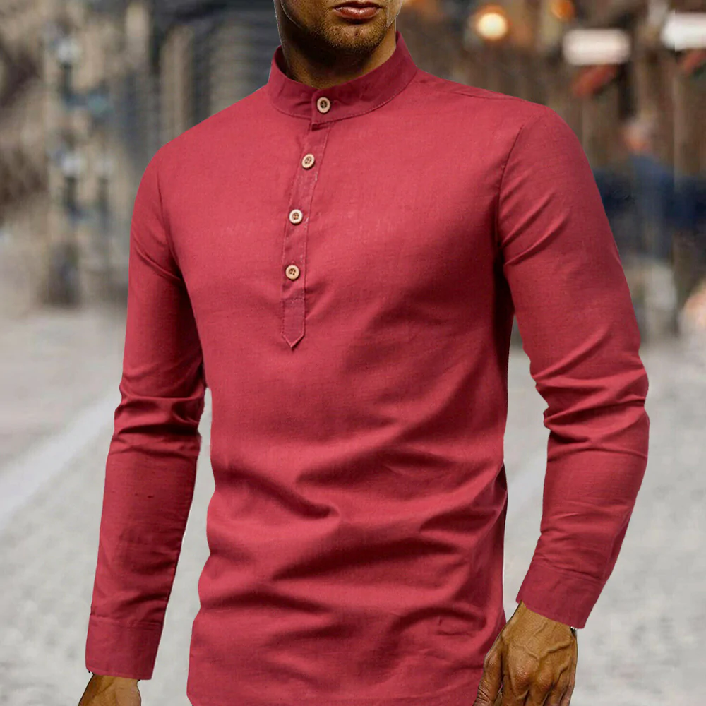 Men's Stand Collar Linen Shirt in various colors, showcasing a relaxed fit and half button-up design, perfect for casual outings.