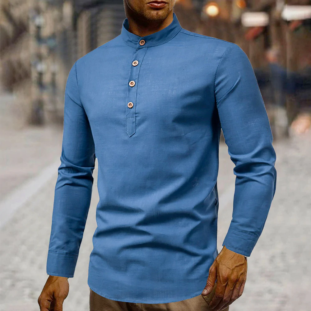 Men's Stand Collar Linen Shirt in various colors, showcasing a relaxed fit and half button-up design, perfect for casual outings.