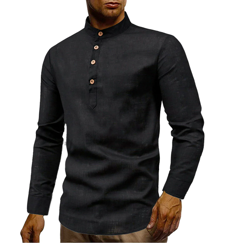 Men's Stand Collar Linen Shirt in various colors, showcasing a relaxed fit and half button-up design, perfect for casual outings.