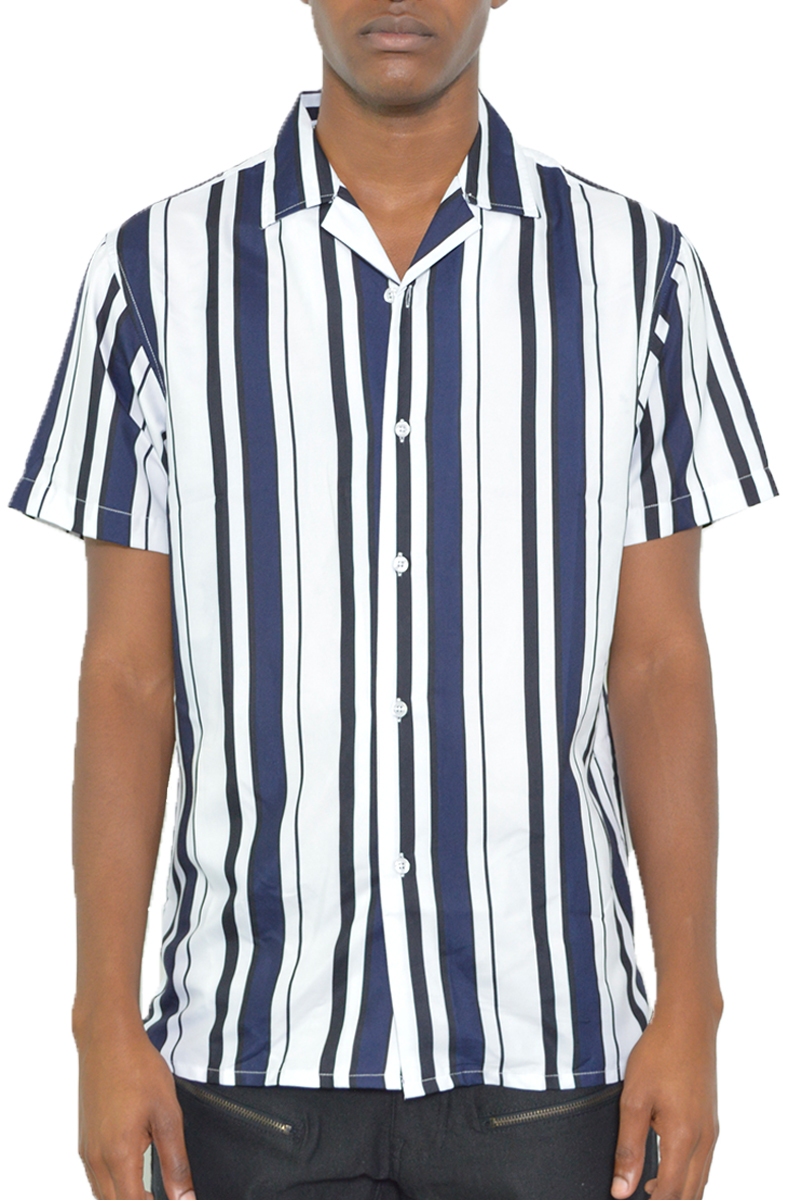 Men's Stripe Print Button Down Shirt featuring short sleeves and a classic collar, made from 100% polyester, showcasing a stylish stripe pattern.