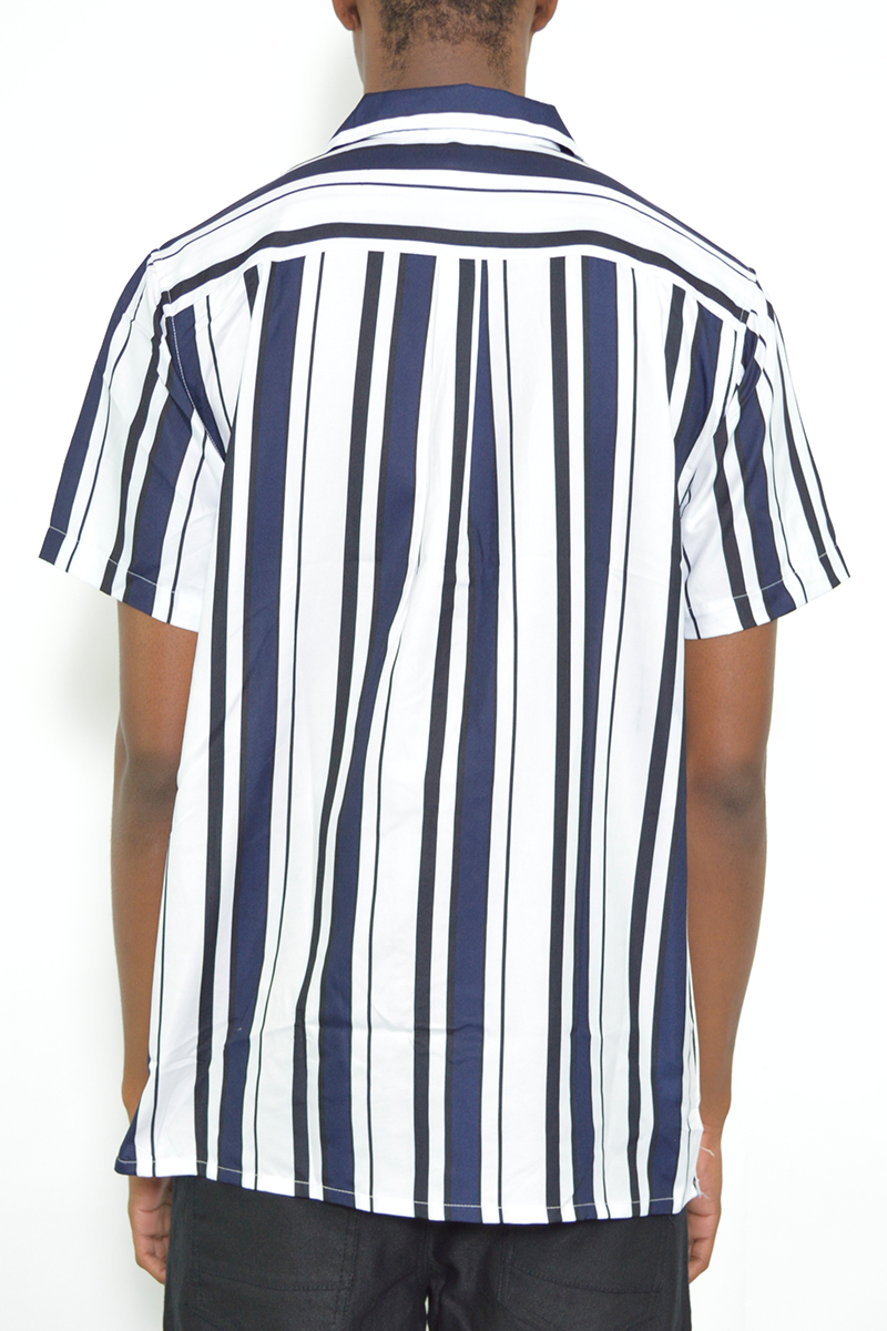 Men's Stripe Print Button Down Shirt featuring short sleeves and a classic collar, made from 100% polyester, showcasing a stylish stripe pattern.