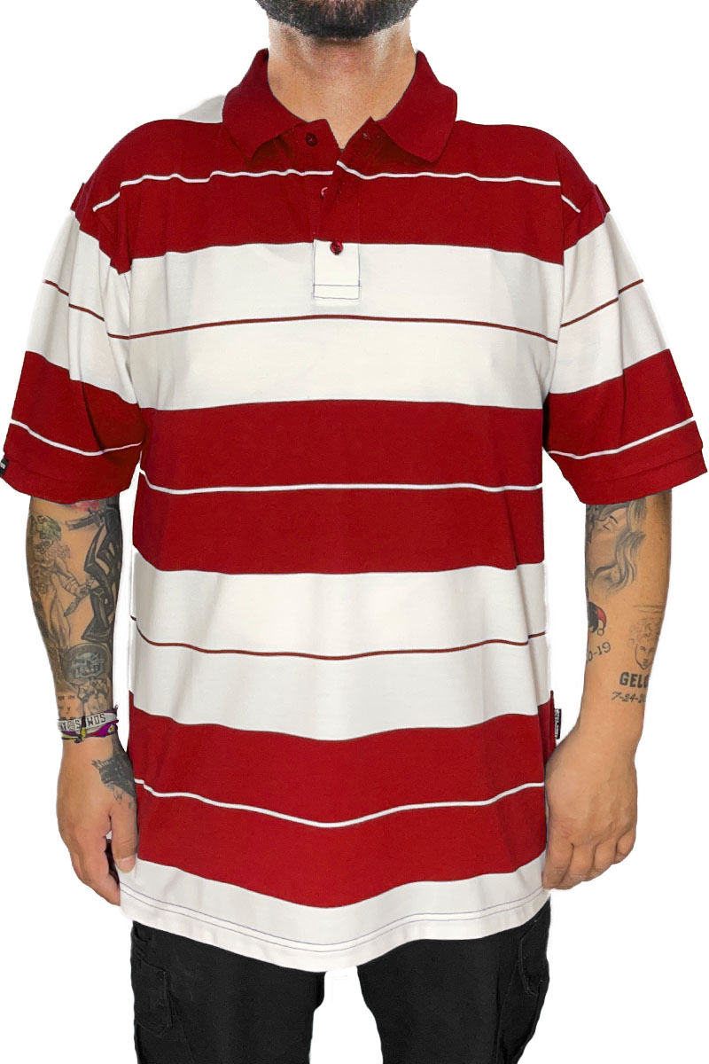 Old School Pique Polo Shirt featuring a classic striped design with a three-button closure, made from a soft cotton-polyester blend.