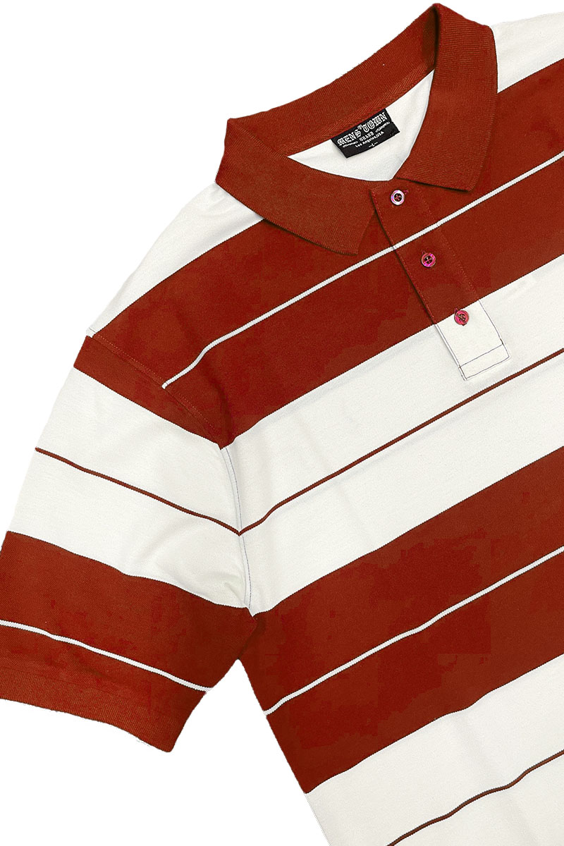 Old School Pique Polo Shirt featuring a classic striped design with a three-button closure, made from a soft cotton-polyester blend.