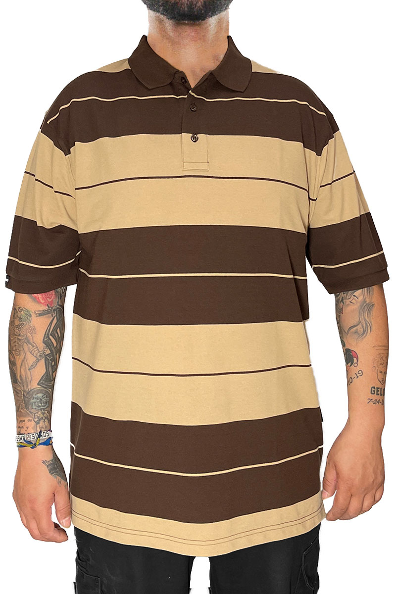 Old School Pique Polo Shirt featuring a classic striped design with three button closure, made from a cotton-polyester blend.