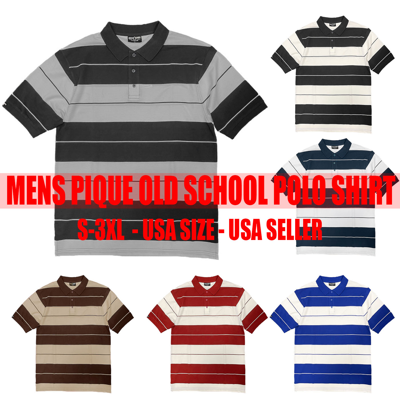 Old School Pique Polo Shirt featuring a classic striped design with three button closure, made from a cotton-polyester blend.