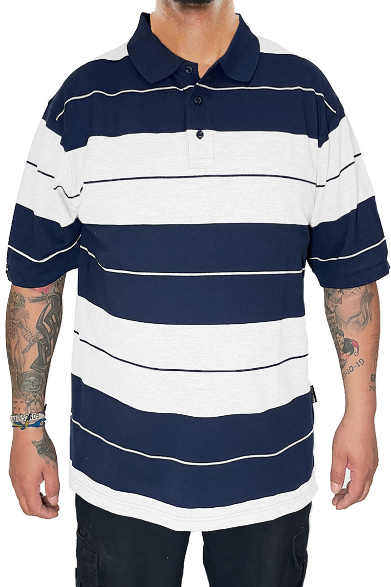 Old School Pique Polo Shirt featuring a classic striped design with a three-button closure, made from a soft cotton-polyester blend.