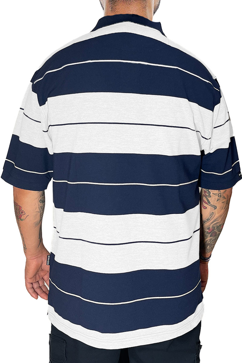 Old School Pique Polo Shirt featuring a classic striped design with a three-button closure, made from a soft cotton-polyester blend.