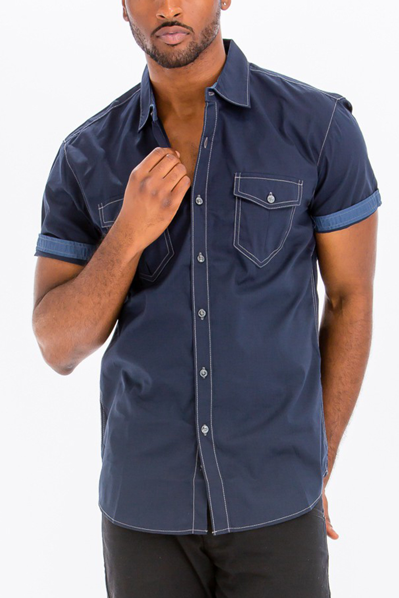 Outline Stitch Two Pocket Shirt in solid color, featuring short sleeves, button-down front, and two chest pockets, perfect for casual wear.