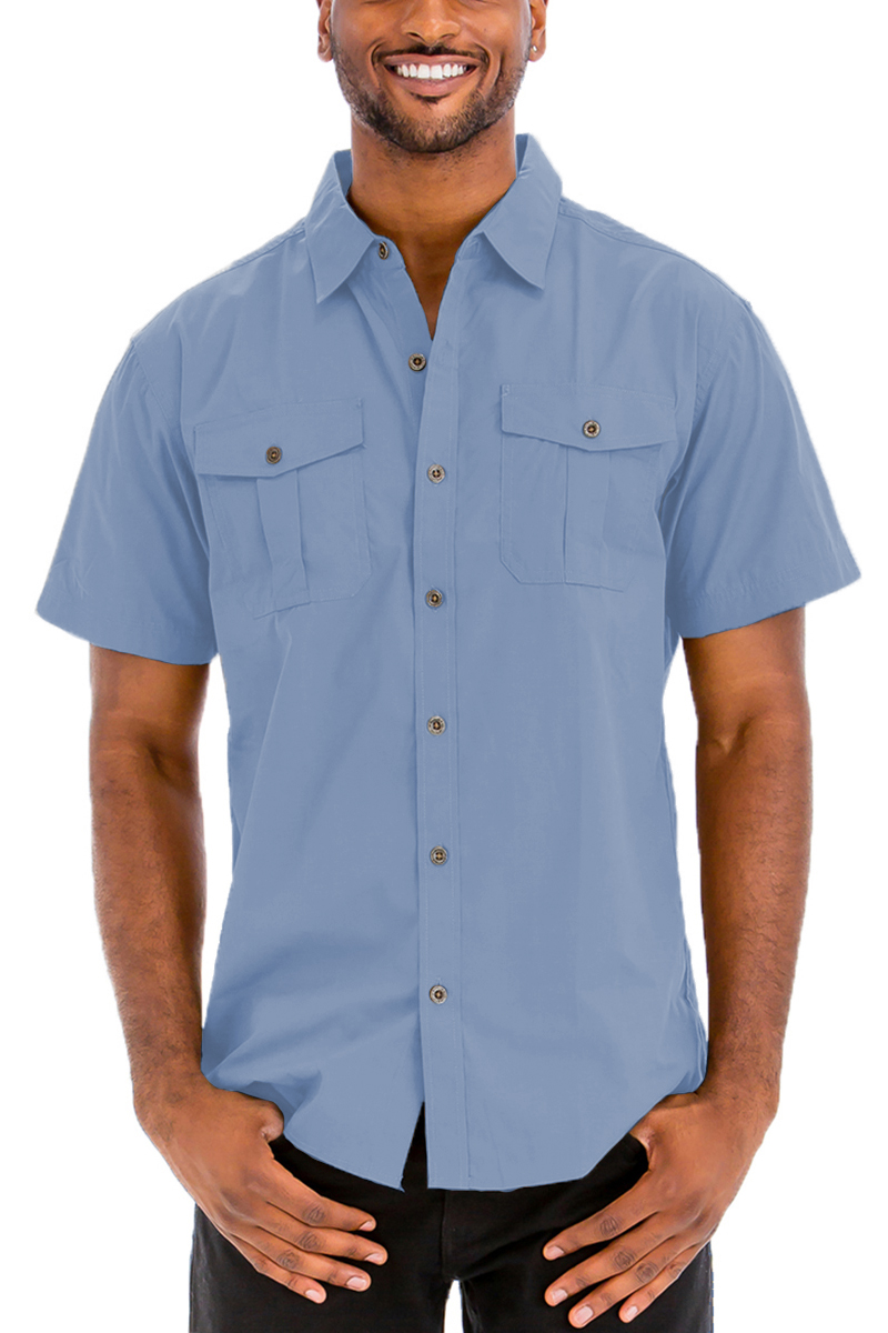 A stylish Two Pocket Button Down Shirt featuring short sleeves, a round hem, and a classic button-down design, made from a cotton-polyester blend.