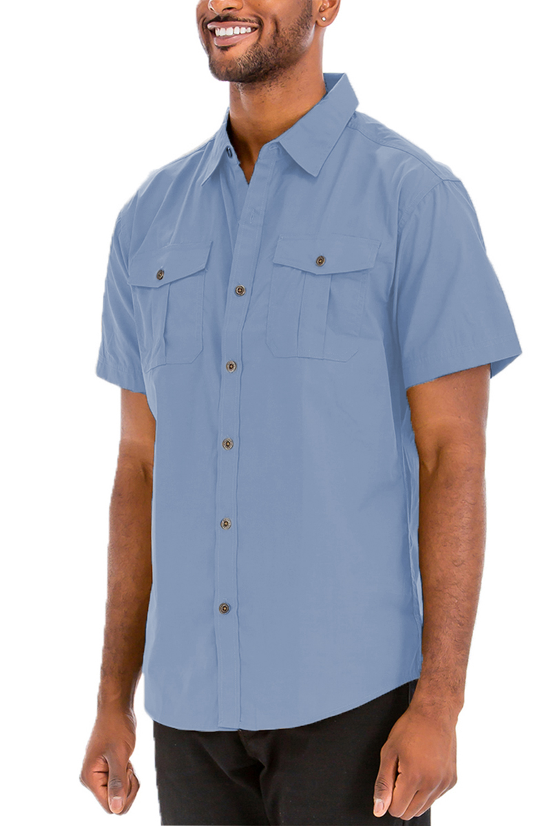 A stylish Two Pocket Button Down Shirt featuring short sleeves, a round hem, and a classic button-down design, made from a cotton-polyester blend.