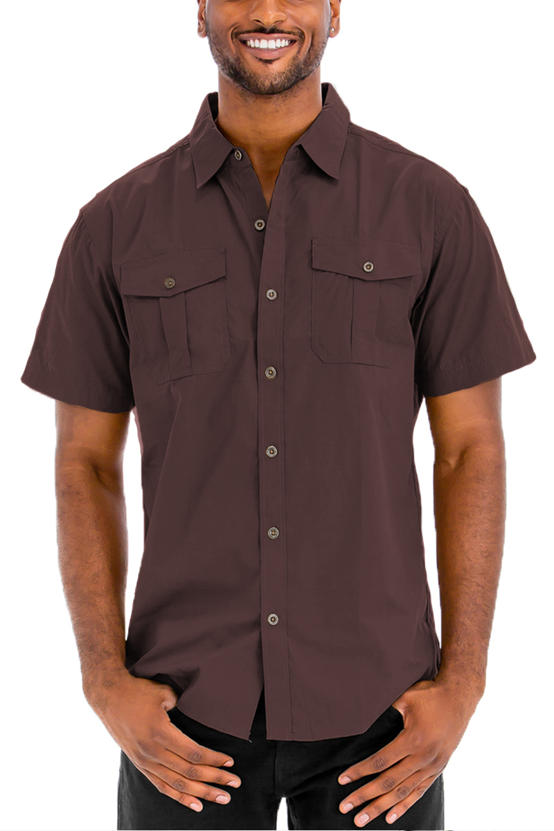 A stylish Two Pocket Button Down Shirt featuring short sleeves, a round hem, and a button flap design, made from a comfortable cotton-polyester blend.