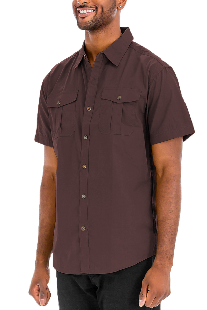 A stylish Two Pocket Button Down Shirt featuring short sleeves, a round hem, and a button flap design, made from a comfortable cotton-polyester blend.