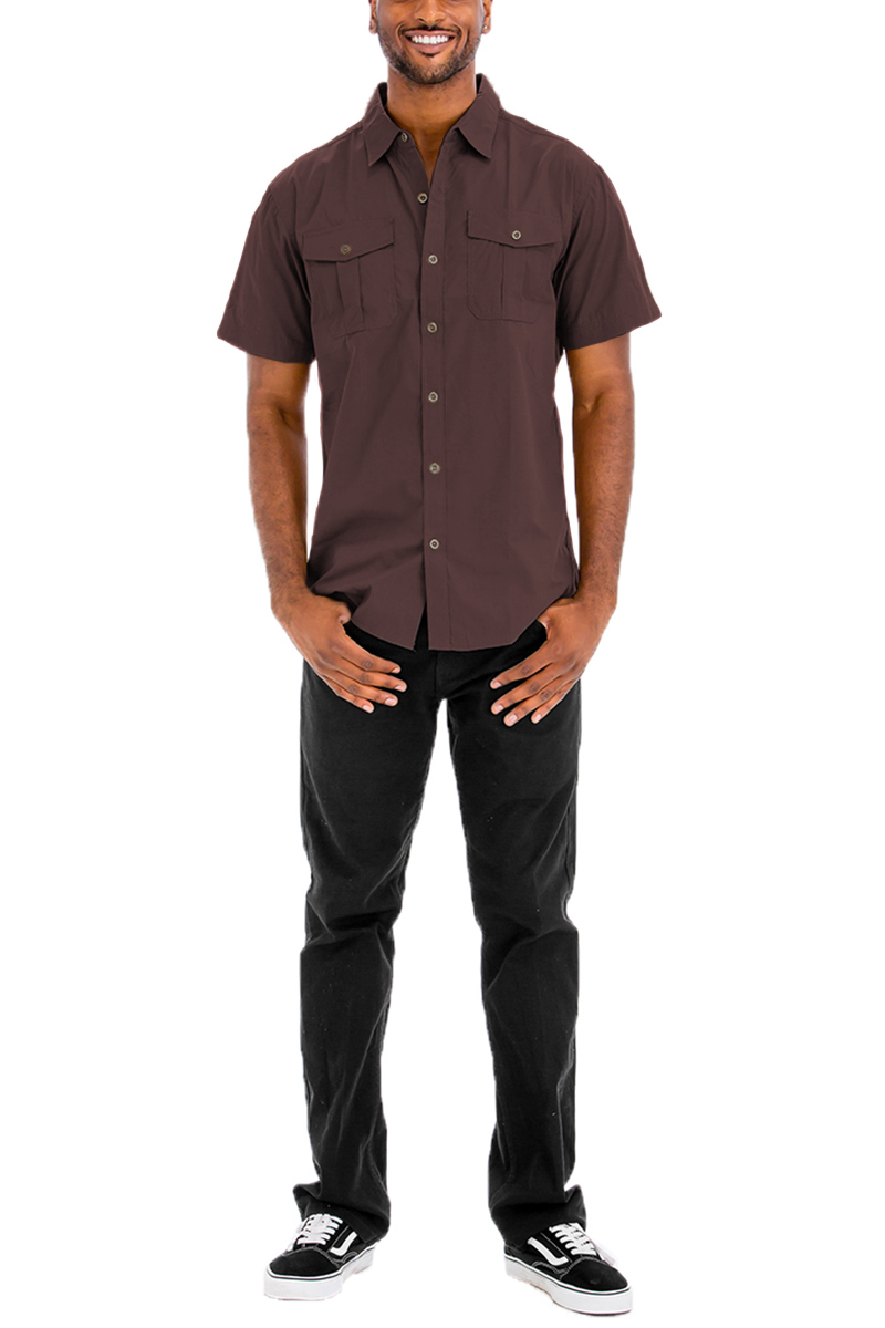 A stylish Two Pocket Button Down Shirt featuring short sleeves, a round hem, and a button flap design, made from a comfortable cotton-polyester blend.