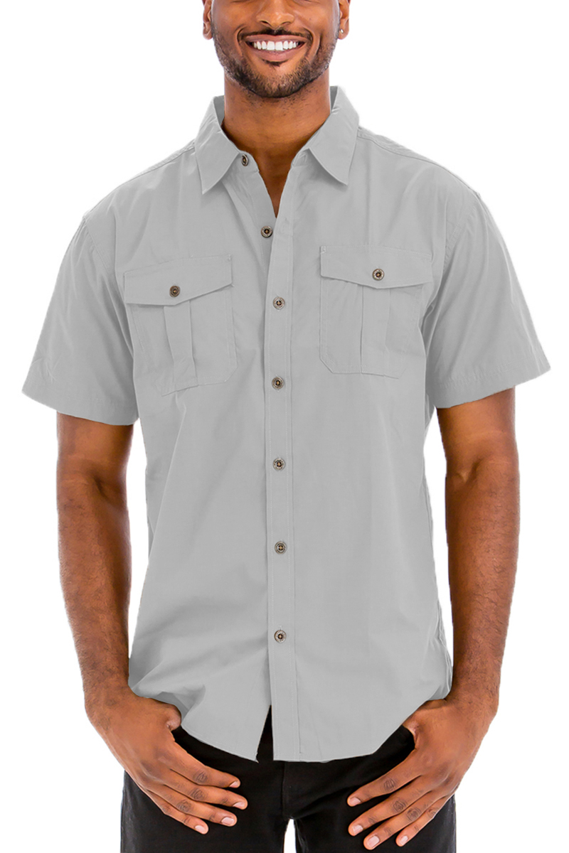 A stylish Two Pocket Button Down Shirt featuring short sleeves, button flap, and a round hem, made from a cotton-polyester blend.