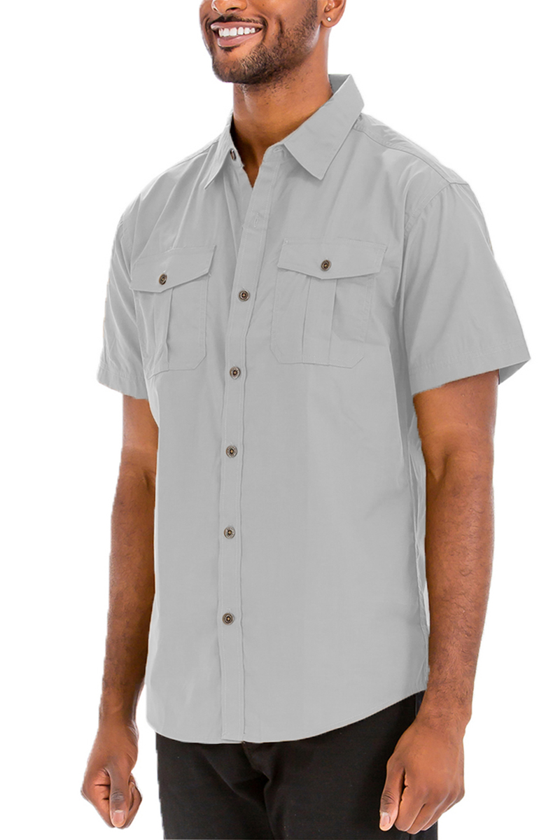 A stylish Two Pocket Button Down Shirt featuring short sleeves, button flap, and a round hem, made from a cotton-polyester blend.