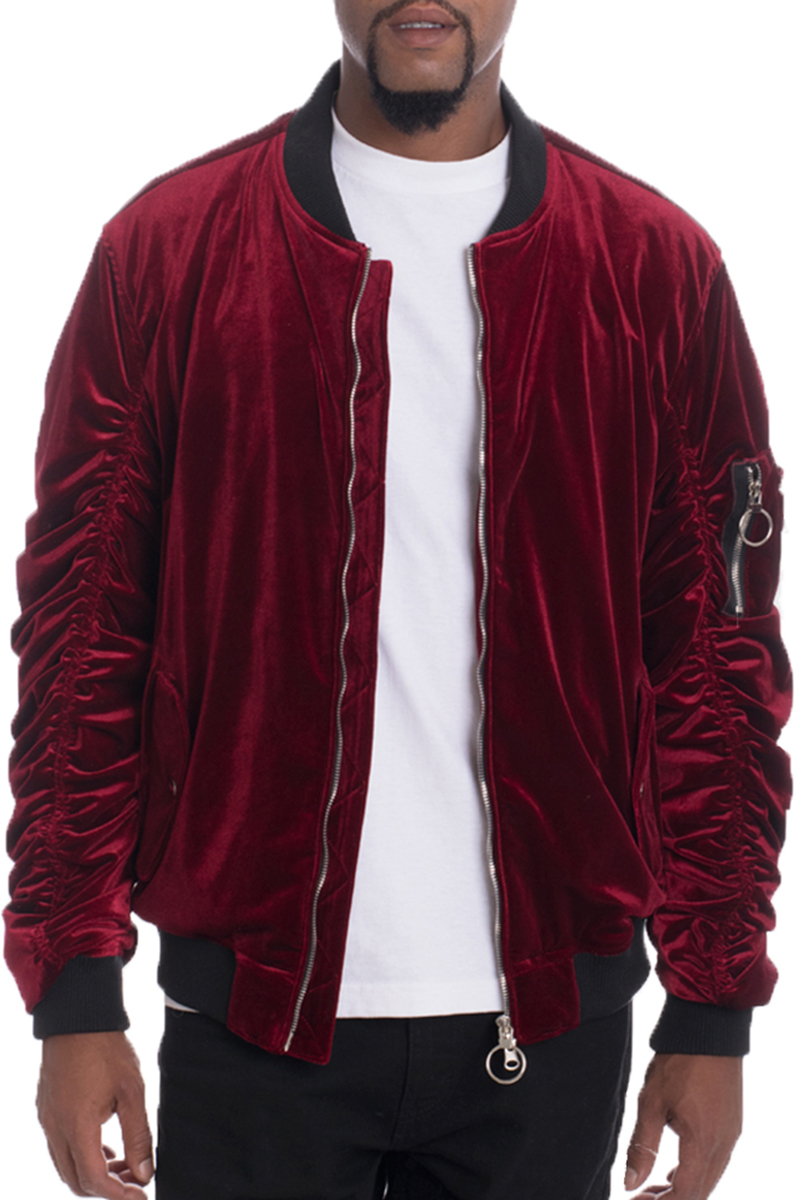 A stylish Velour Scrunched Bomber Jacket in solid color, featuring a full zip front, ribbed cuffs, and two side pockets, perfect for casual wear.