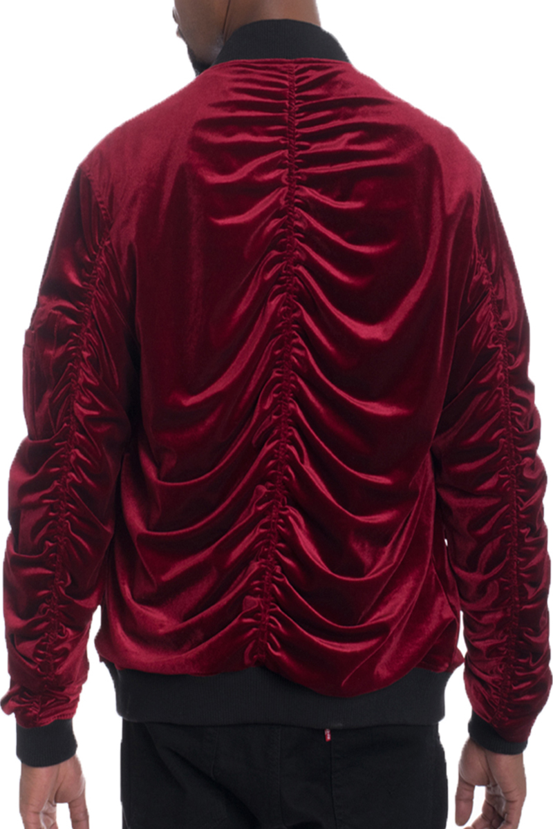 A stylish Velour Scrunched Bomber Jacket in solid color, featuring a full zip front, ribbed cuffs, and two side pockets, perfect for casual wear.