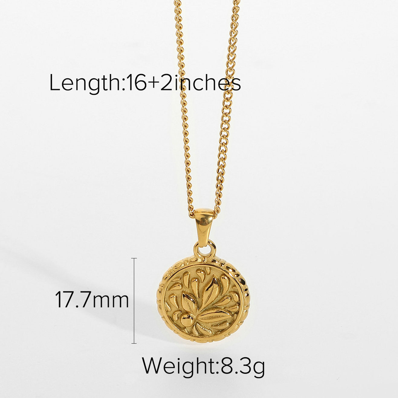 18k Gold Plated 316L Stainless Steel Flower Coin Pendant Medallion with intricate flower design.