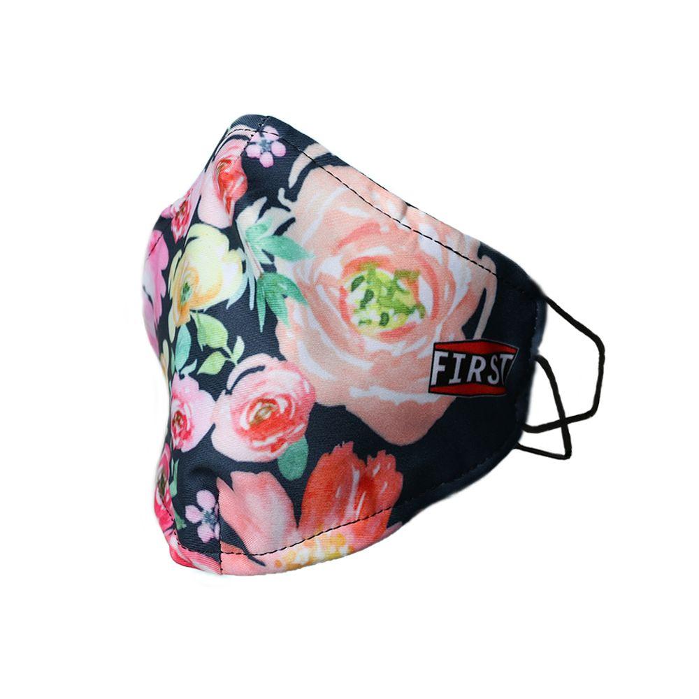 A set of 5 reusable 2-ply black and pink floral masks with elastic ear bands, showcasing a stylish design for everyday use.