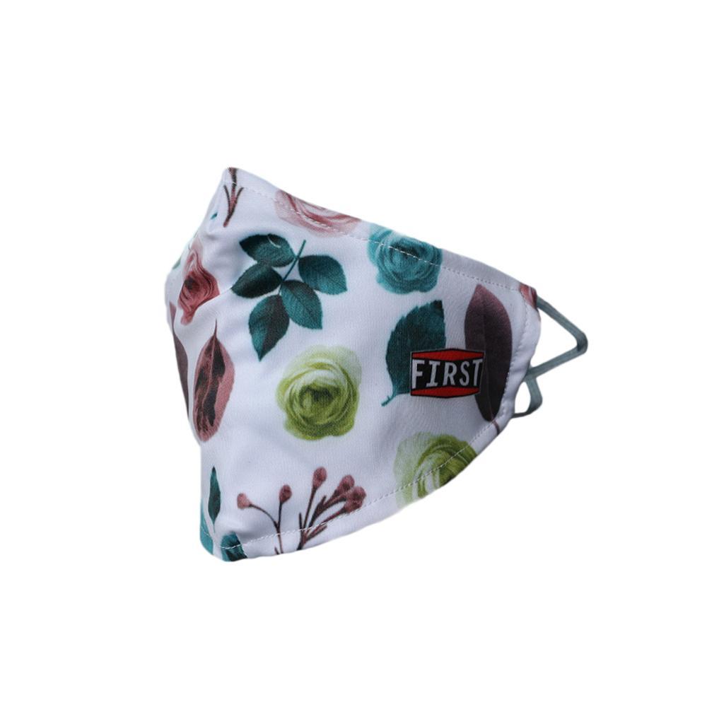 A set of 5 reusable 2-ply brown and green floral masks with elastic ear bands, showcasing a stylish design suitable for everyday use.