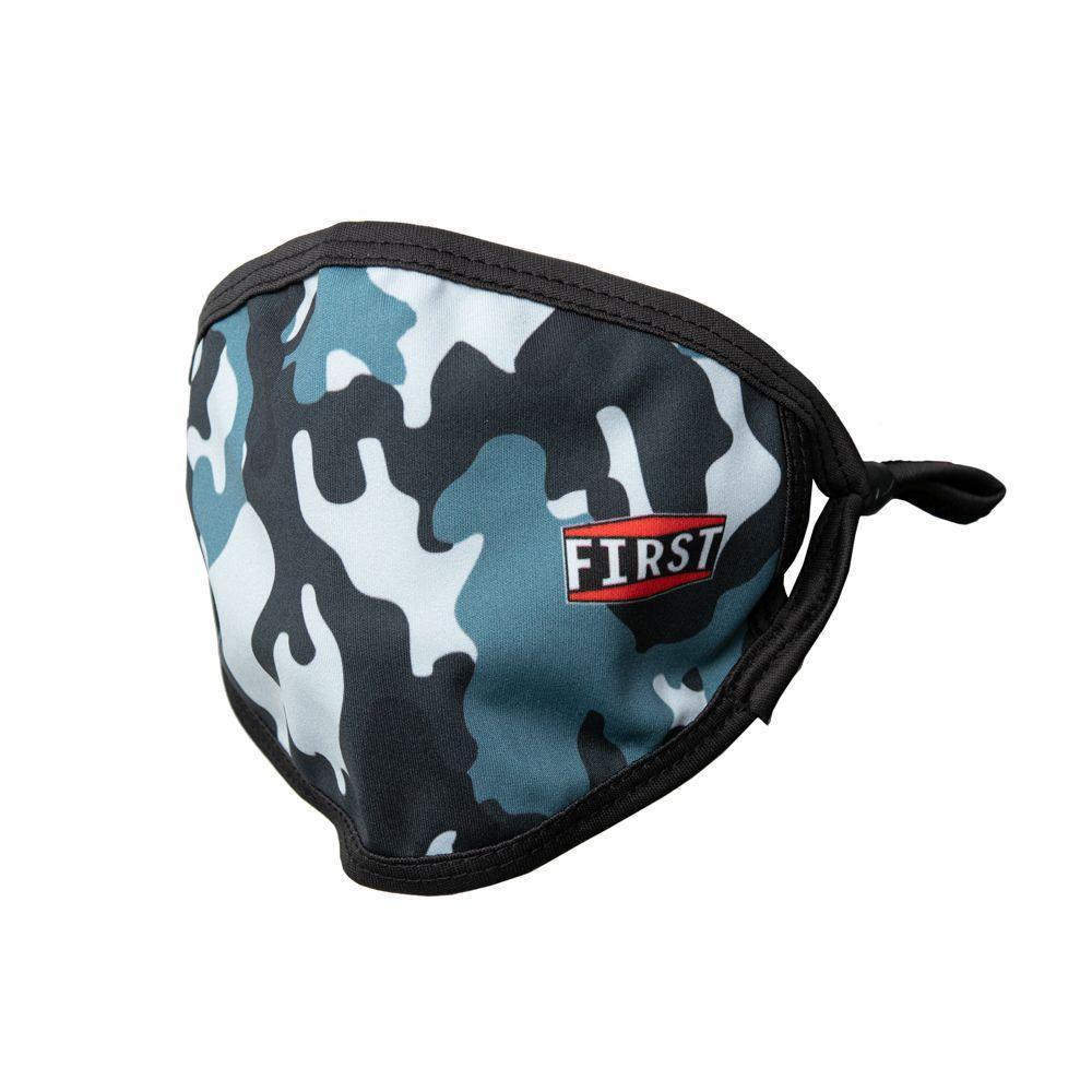 Set of 5 camo patterned reusable face masks with adjustable ear loops, made from breathable 2-ply fabric.