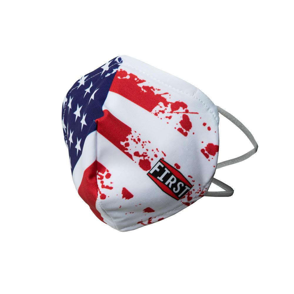 A set of 5 reusable 2-ply masks featuring a distressed USA flag design, showcasing their breathable fabric and elastic ear bands.