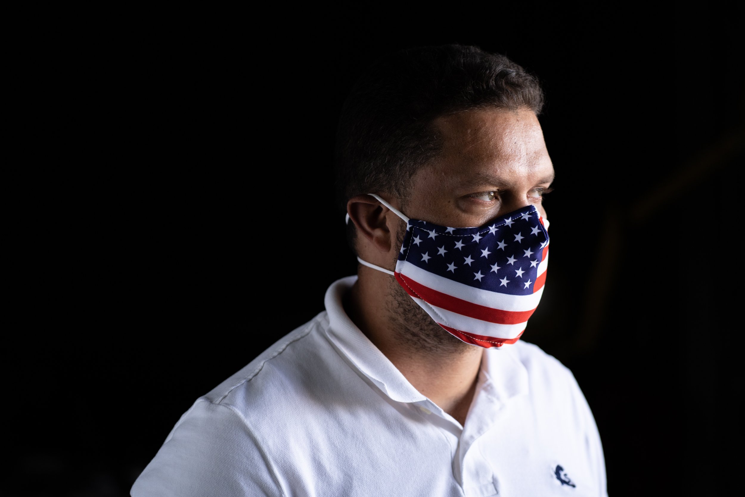 Set of 5 reusable 2-Ply Red White Blue Flag masks with elastic ear bands, designed for comfort and breathability.