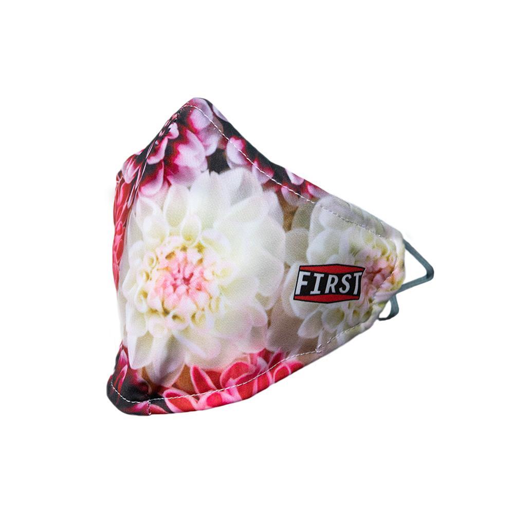 A set of 5 reusable 2-ply red and white floral masks with elastic ear bands, showcasing their breathable fabric and stylish design.