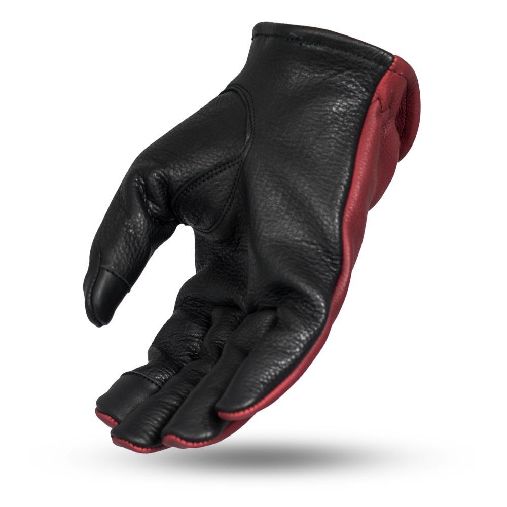 A pair of stylish 2-tone leather driving gloves with touch tech fingers, showcasing a classic unlined short cuff design.