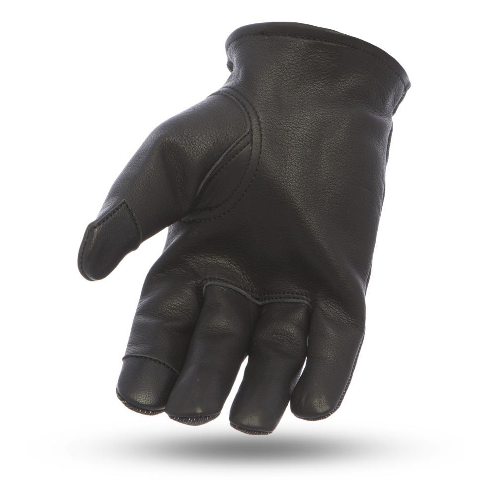 A pair of stylish 2-tone leather driving gloves with touch tech fingers, showcasing a classic unlined short cuff design.