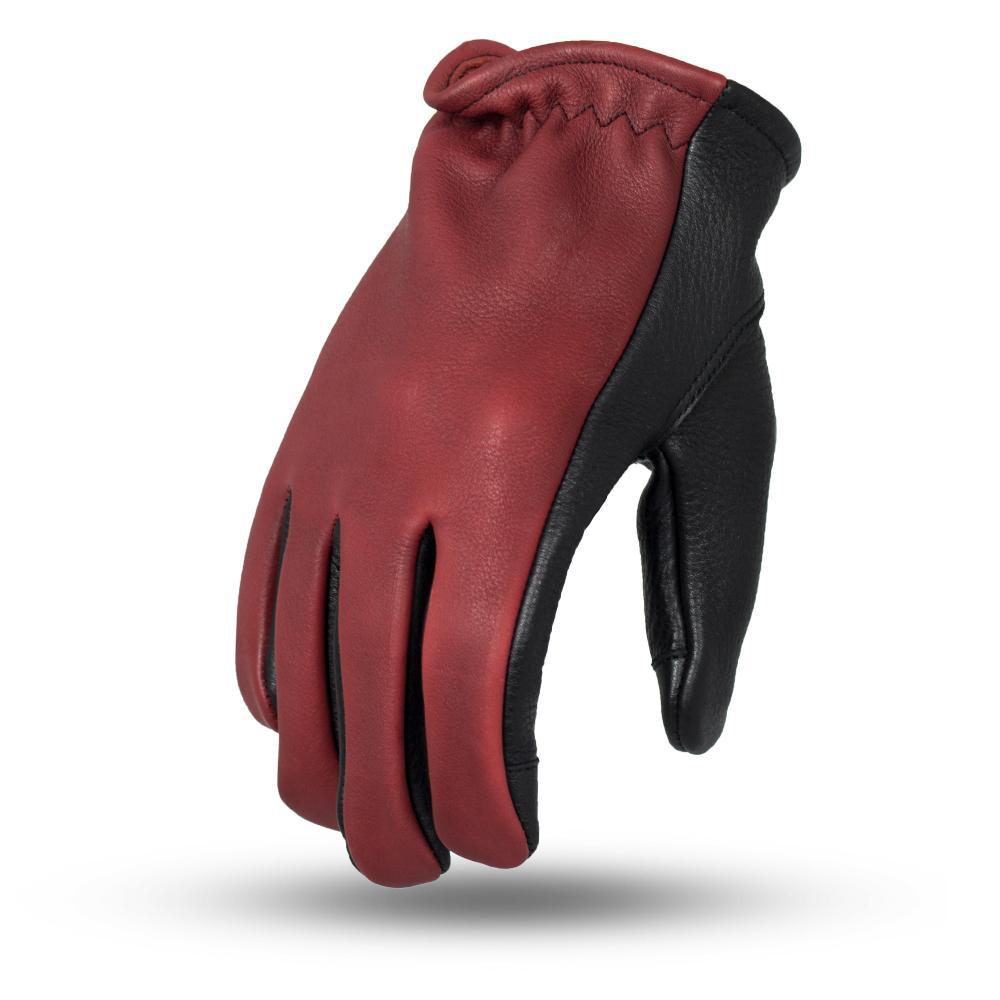 A pair of stylish 2-tone leather driving gloves with touch tech fingers, showcasing a classic unlined short cuff design.