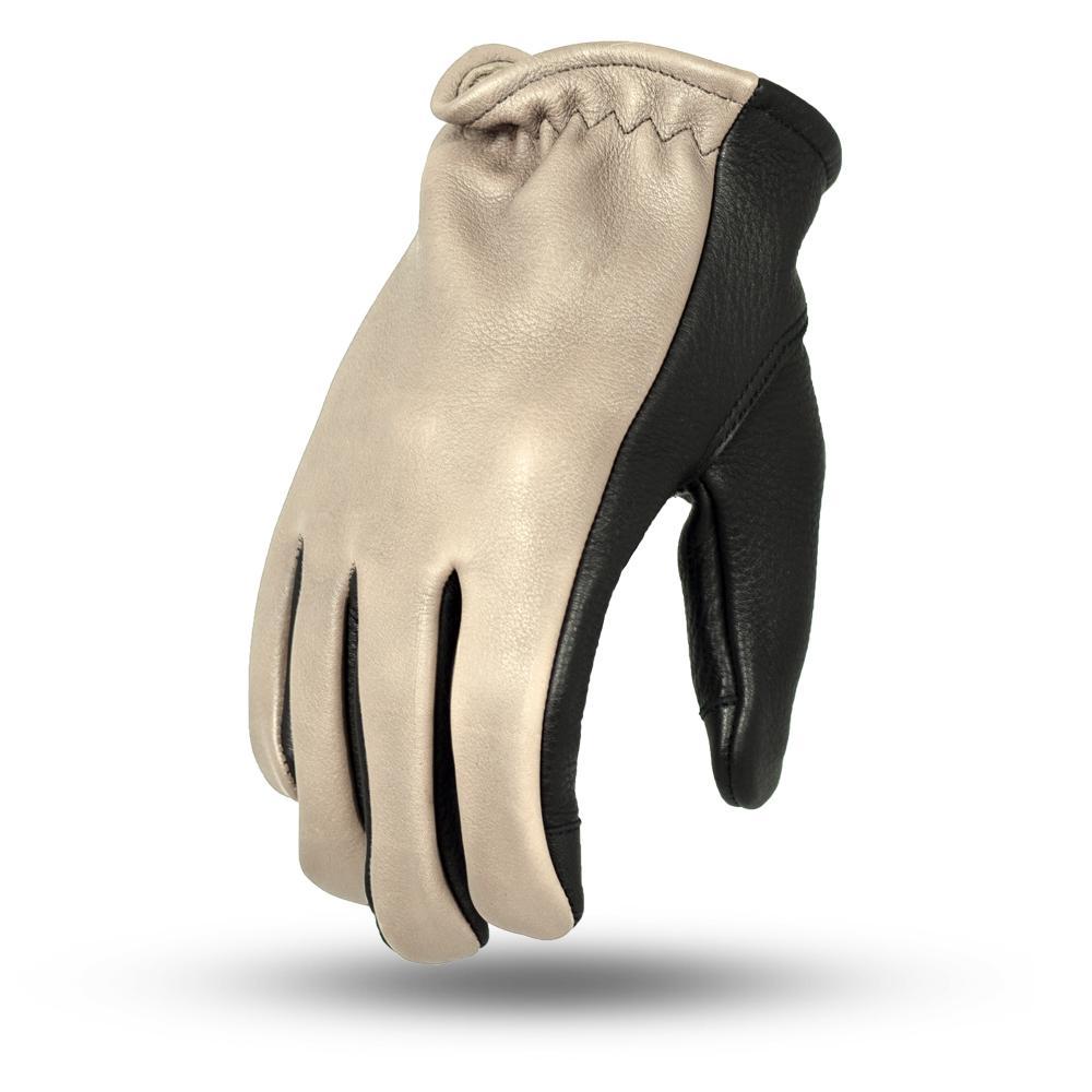 A pair of stylish 2-tone leather driving gloves with touch tech fingers, showcasing a classic unlined short cuff design.