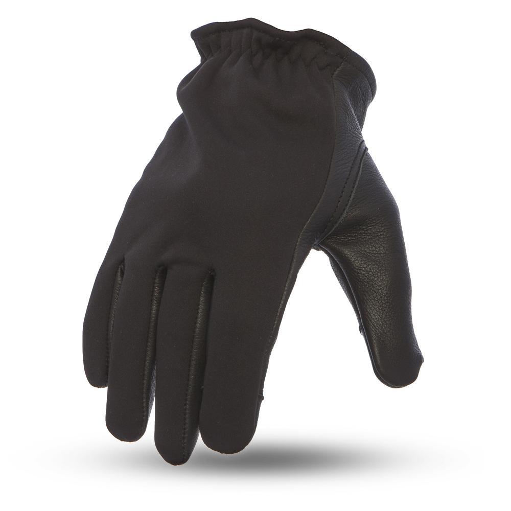 A pair of stylish 2-tone leather driving gloves with touch tech fingers, showcasing a classic unlined short cuff design.