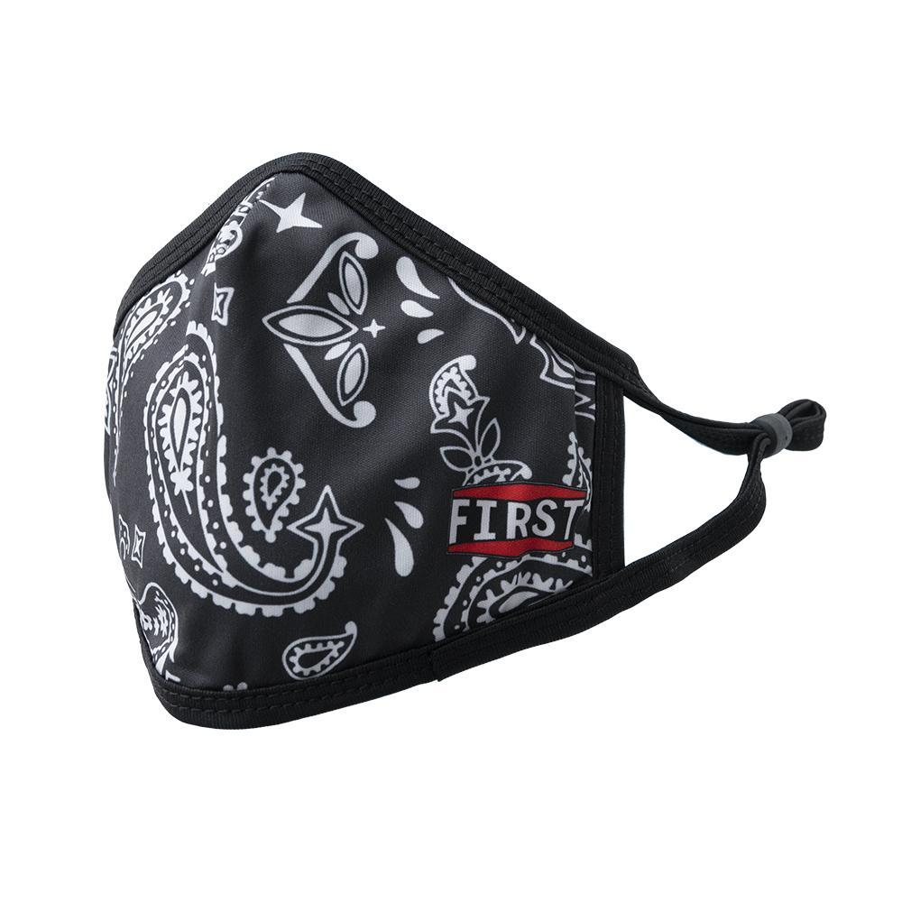 Set of 5 reusable 3-ply black bandana print masks with adjustable ear loops, showcasing stylish design and breathable fabric.