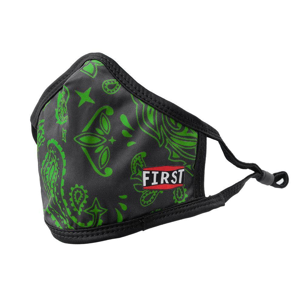 Set of 5 reusable 3-ply black and green bandana masks with adjustable ear loops, designed for comfort and style.