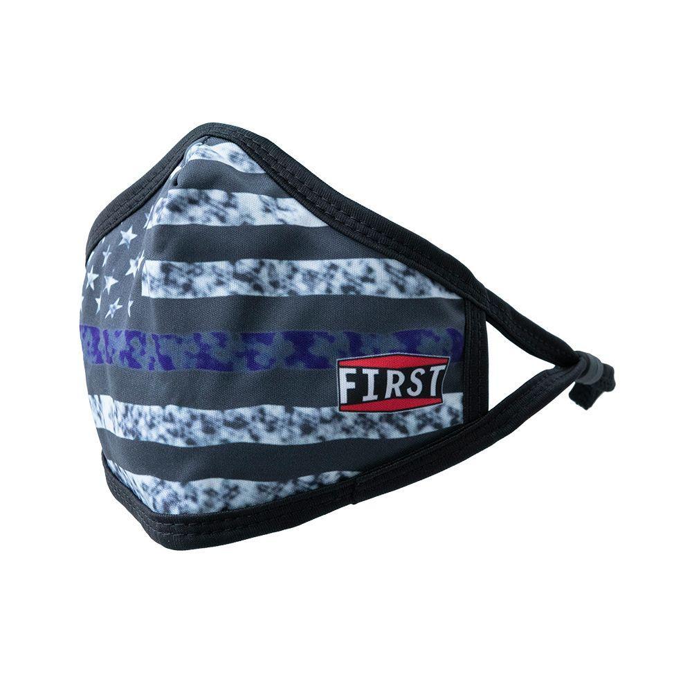 A set of 5 reusable 3-ply black and blue USA flag masks with adjustable ear loops, showcasing a patriotic design.