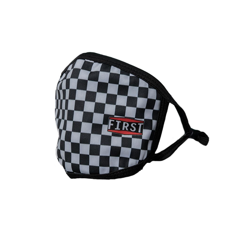 Set of 5 reusable 3-ply black and gray checkerboard masks with adjustable ear loops, designed for comfort and breathability.