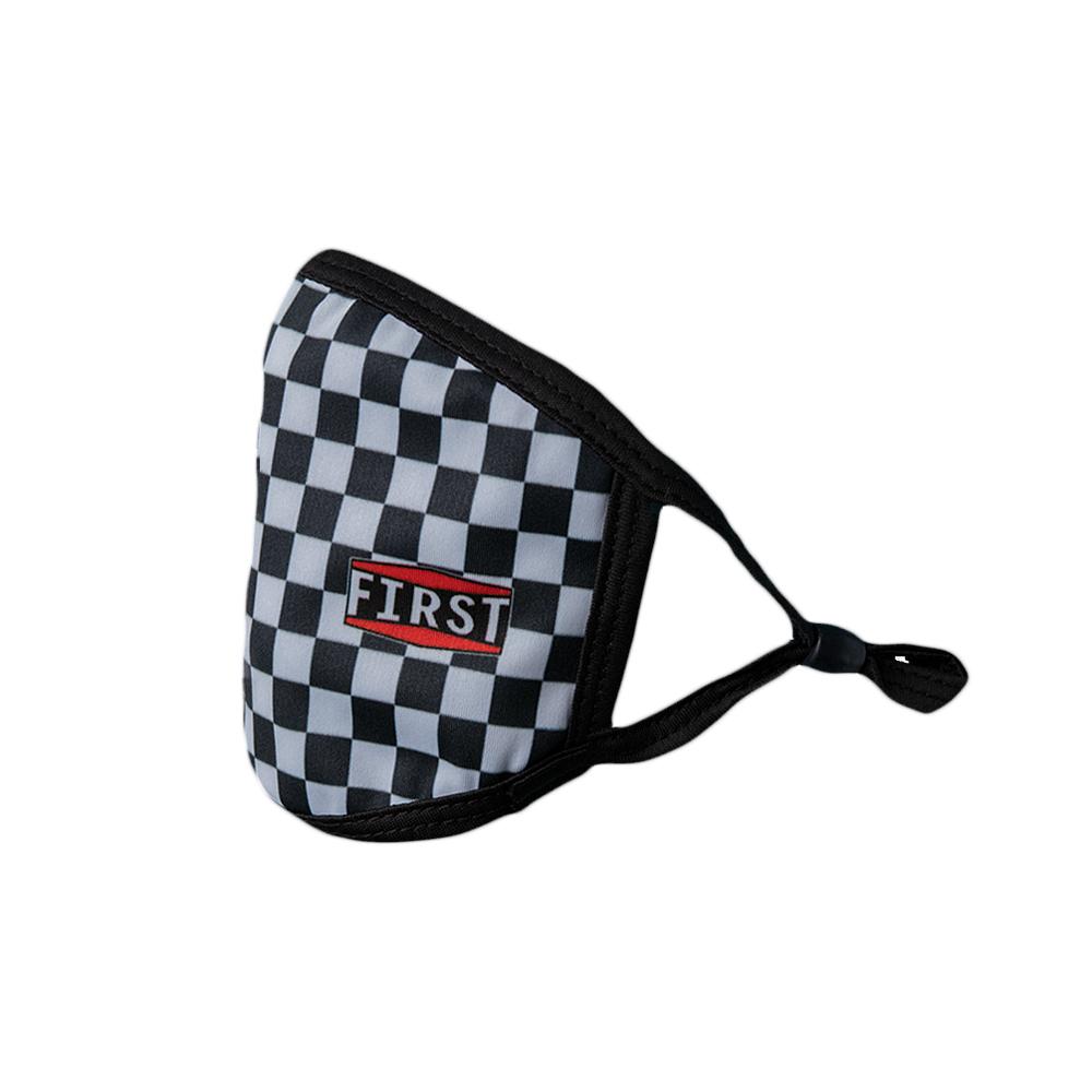 Set of 5 reusable 3-ply black and gray checkerboard masks with adjustable ear loops, designed for comfort and breathability.