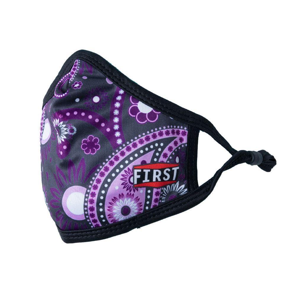 Set of 5 reusable 3-ply black and purple bandana masks with adjustable ear loops, designed for comfort and breathability.