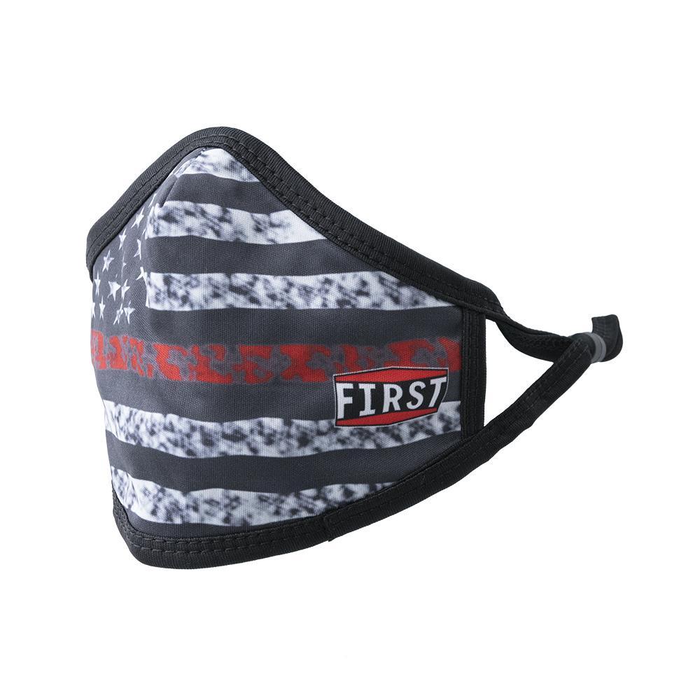 3-Ply Black and Red USA Flag reusable mask with adjustable ear loops, showcasing a patriotic design.