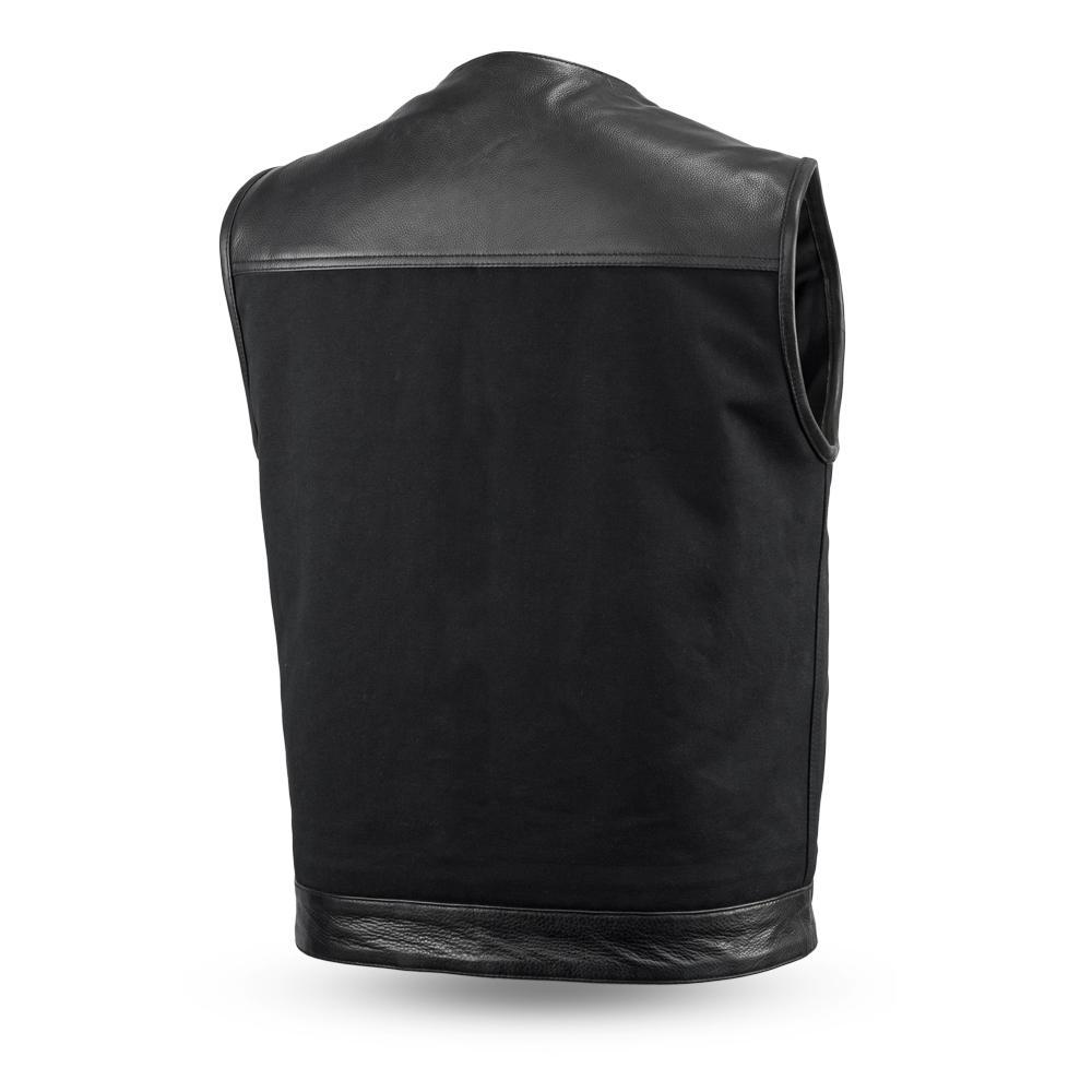 49/51 Canvas Men's Motorcycle Vest featuring durable 20oz canvas and concealed carry pockets, designed for style and functionality.