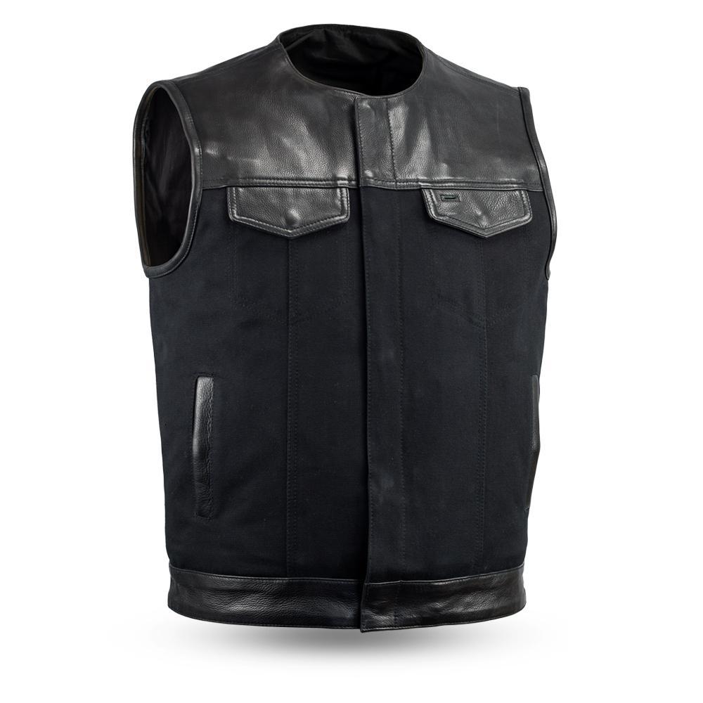 49/51 Canvas Men's Motorcycle Vest featuring durable 20oz canvas and concealed carry pockets, designed for style and functionality.