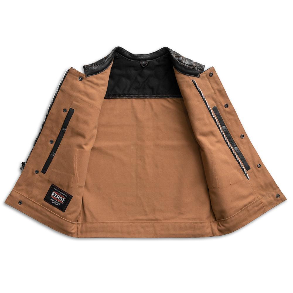 49/51 Hunt Club Limited Edition vest featuring tan stitching, durable duck canvas, and diamond quilted cowhide leather.