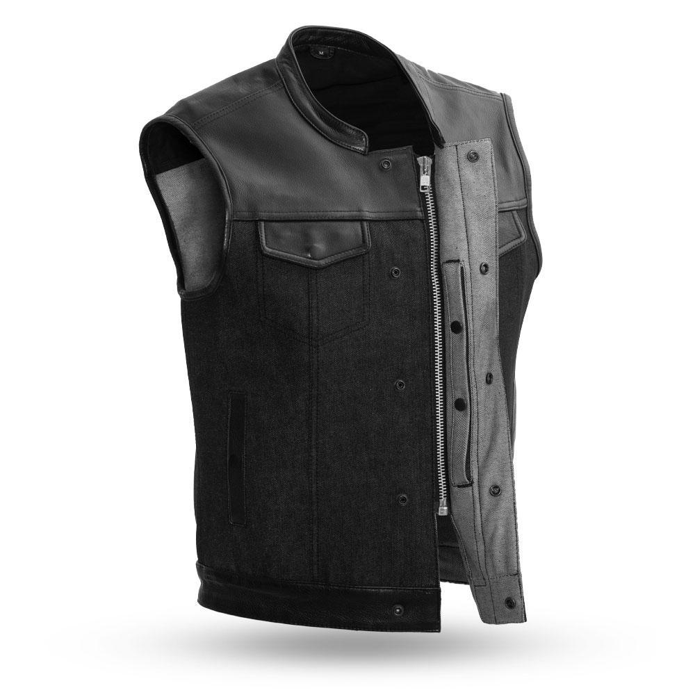 Men's motorcycle vest made of denim and leather, featuring diamond cowhide accents and multiple pockets.