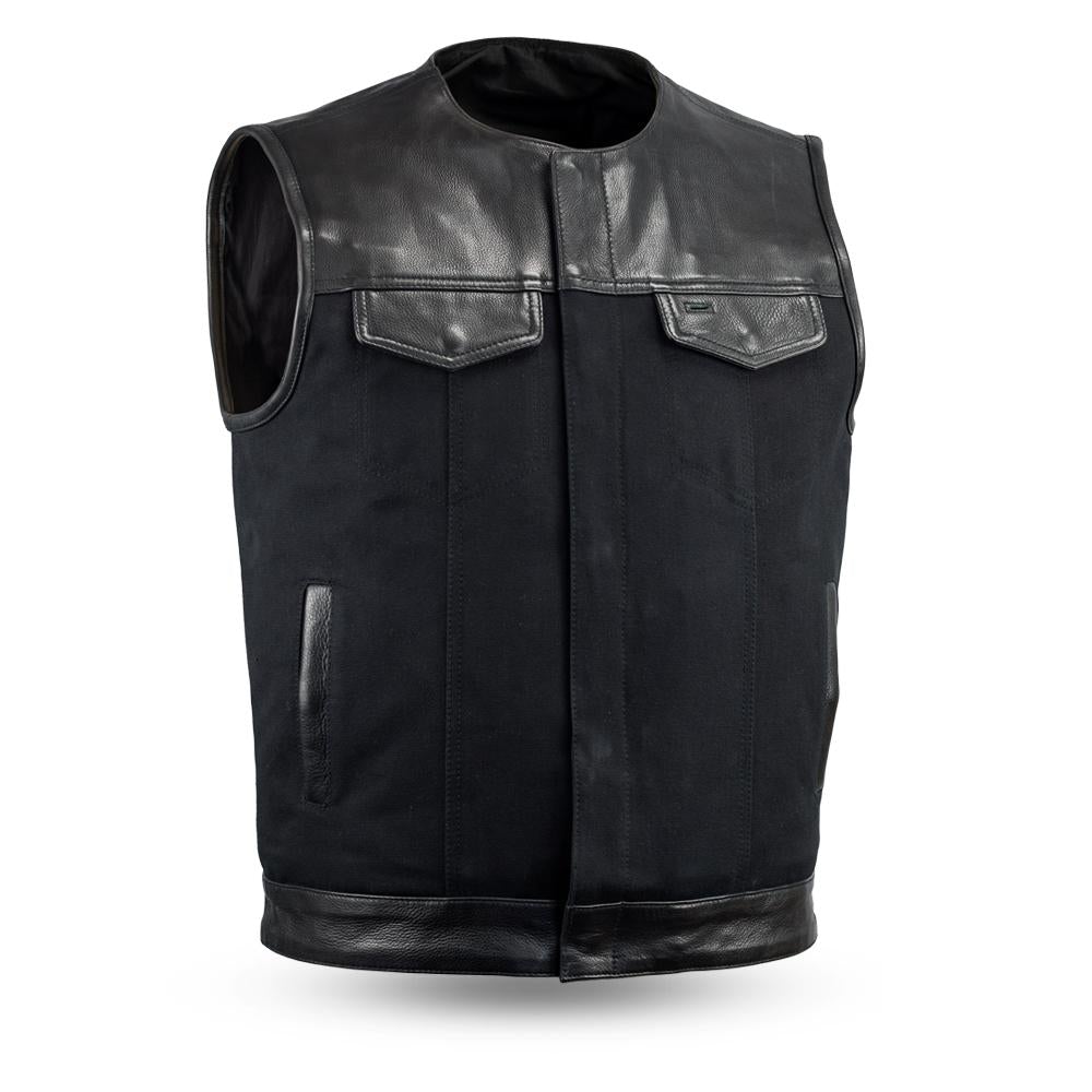 Men's motorcycle vest made of heavy canvas and leather, featuring concealed carry pockets and a stylish design without a collar.